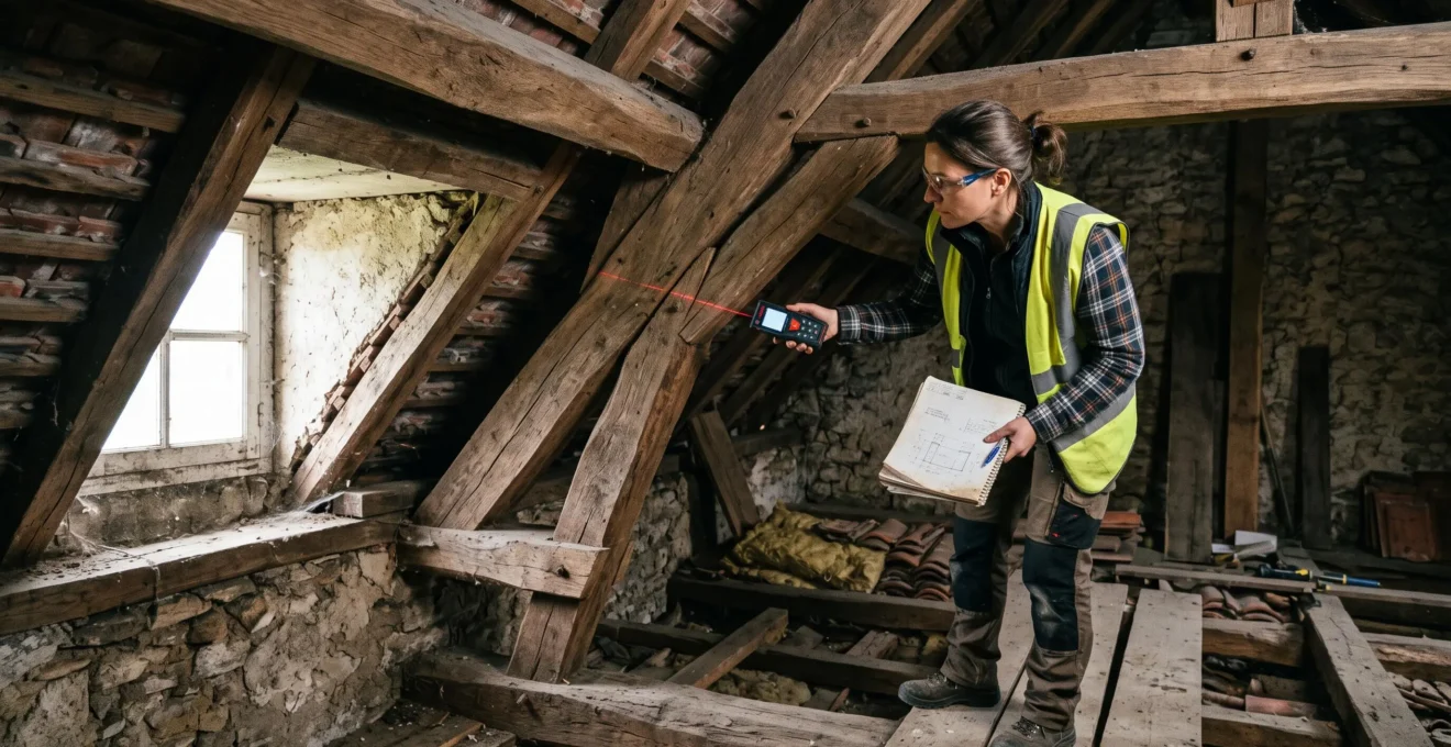 Architecte inspectant les finitions intérieures d'une surélévation achevée, espace sous toiture aménagé avec fenêtres de toit et poutres apparentes