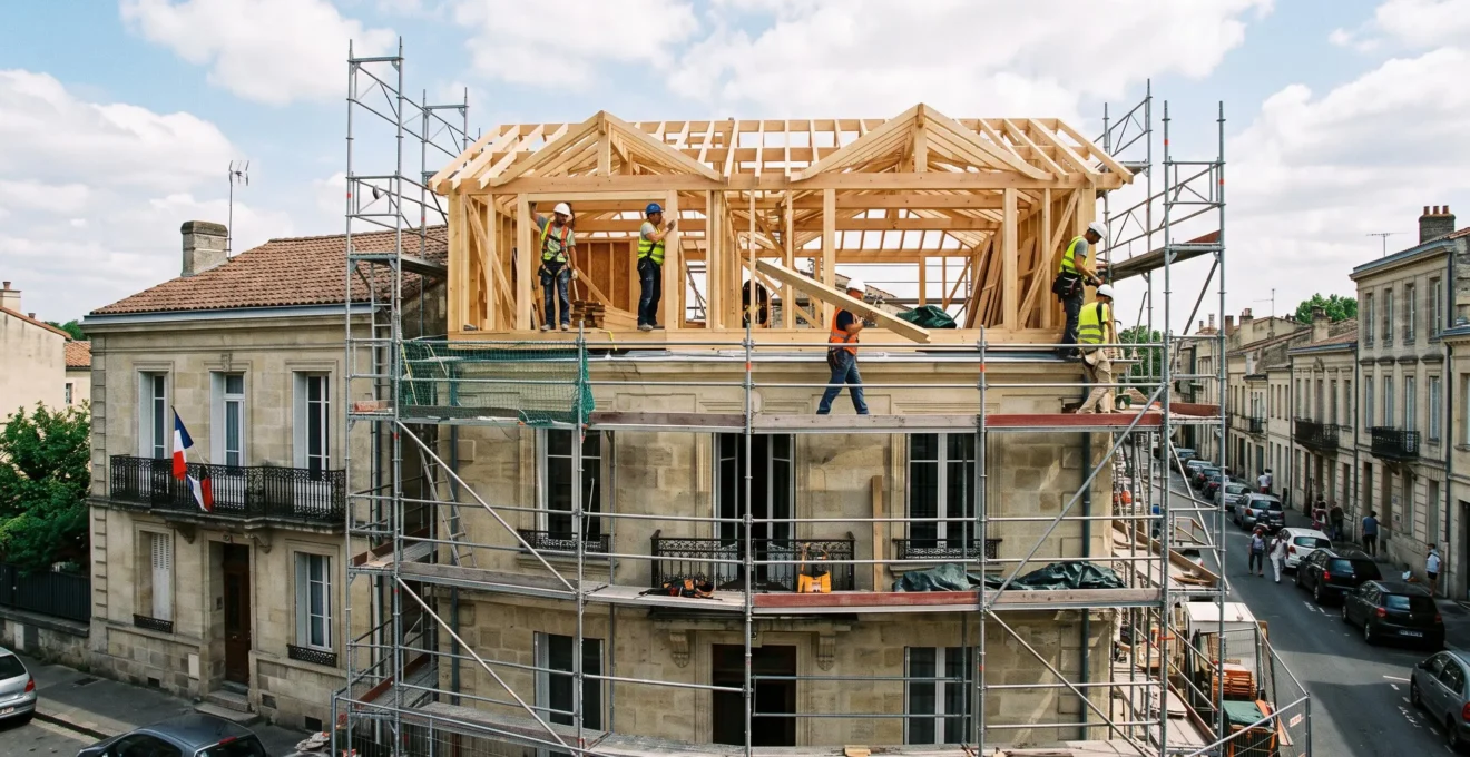 Chantier de surélévation d'une maison individuelle en France, structure du nouvel étage en construction avec charpente apparente et échafaudages, ouvriers au travail en hauteur