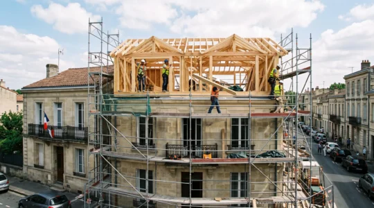 Chantier de surélévation d'une maison individuelle en France, structure du nouvel étage en construction avec charpente apparente et échafaudages, ouvriers au travail en hauteur