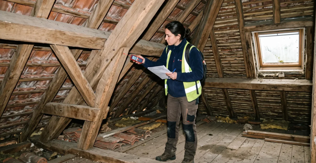 Ingénieur ou architecte examinant la charpente existante dans les combles d'une maison traditionnelle française, phase d'étude de faisabilité structurelle avec outils de mesure