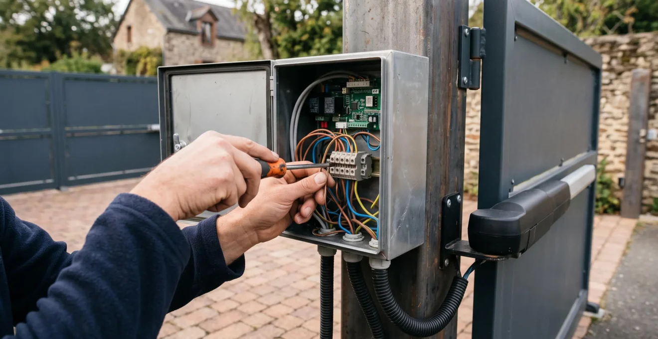 Les mains d'un technicien raccordent le câblage d'une motorisation dans un coffret de commande accolé à un portail en acier.
